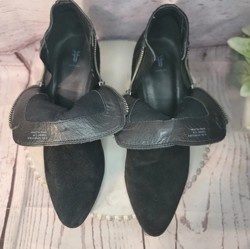 Frye Judith Black Suede Double Zip Bootie Size 8.5M